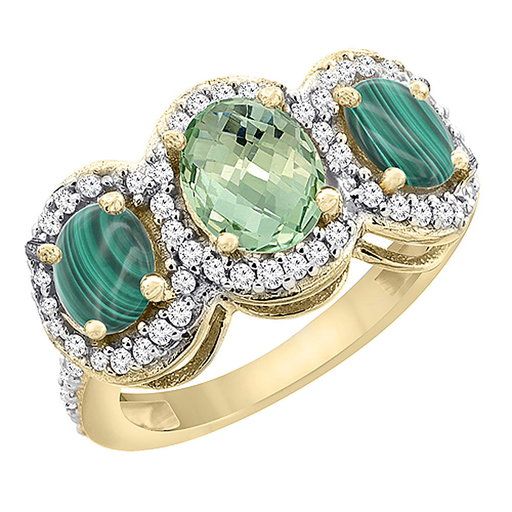 14K Yellow Gold Natural Green Amethyst & Malachite 3-Stone Ring Oval Diamond Accent, sizes 5 - 10