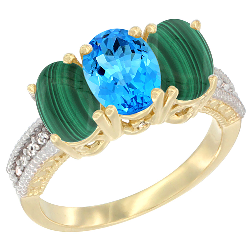 10K Yellow Gold Diamond Natural Swiss Blue Topaz &amp; Malachite Ring 3-Stone 7x5 mm Oval, sizes 5 - 10