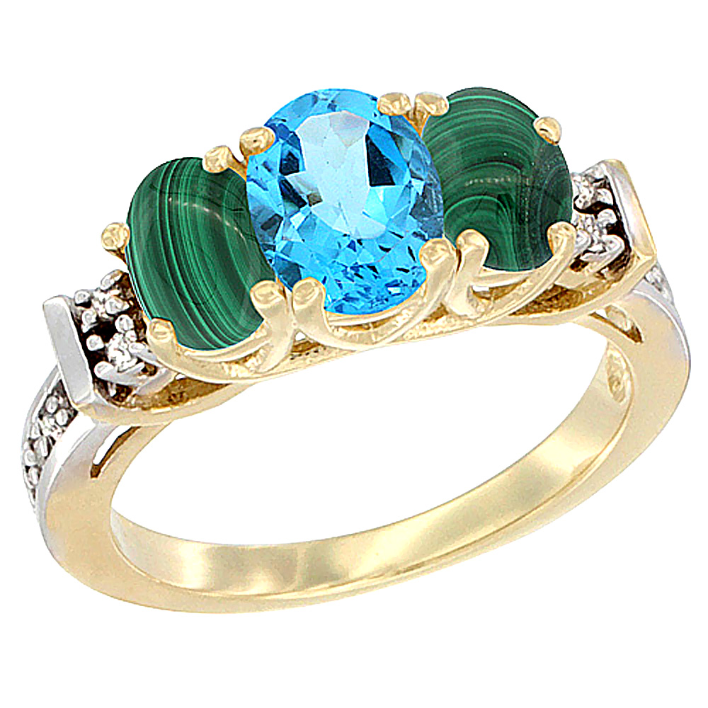 14K Yellow Gold Natural Swiss Blue Topaz & Malachite Ring 3-Stone Oval Diamond Accent