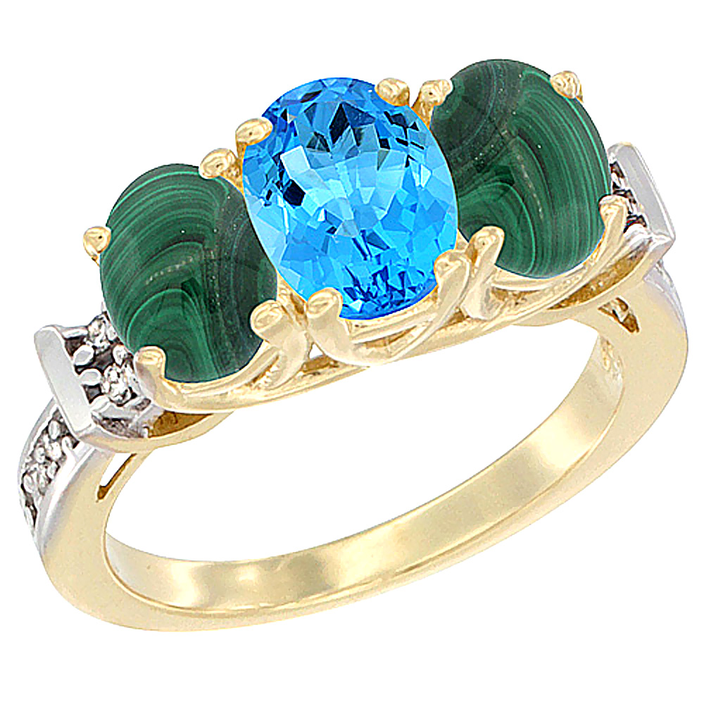 14K Yellow Gold Natural Swiss Blue Topaz & Malachite Sides Ring 3-Stone Oval Diamond Accent, sizes 5 - 10