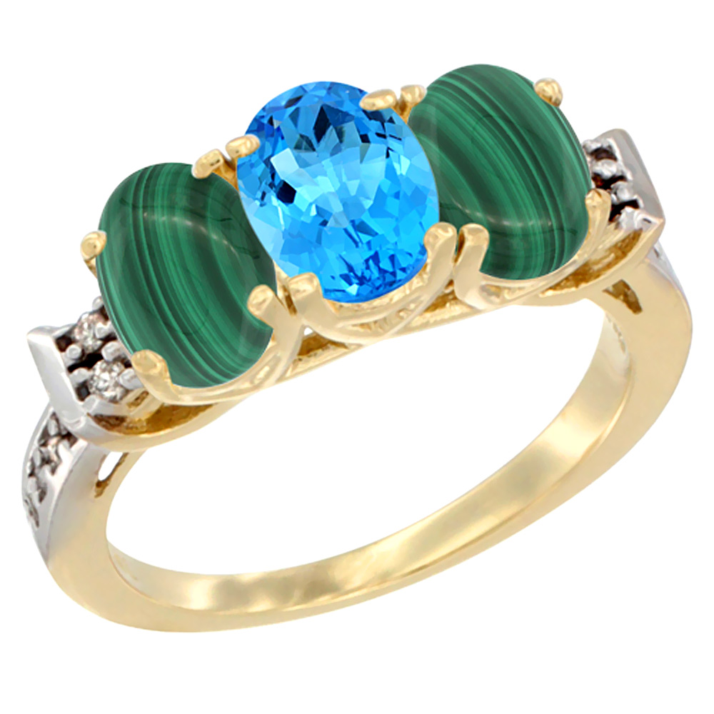 10K Yellow Gold Natural Swiss Blue Topaz &amp; Malachite Sides Ring 3-Stone Oval 7x5 mm Diamond Accent, sizes 5 - 10