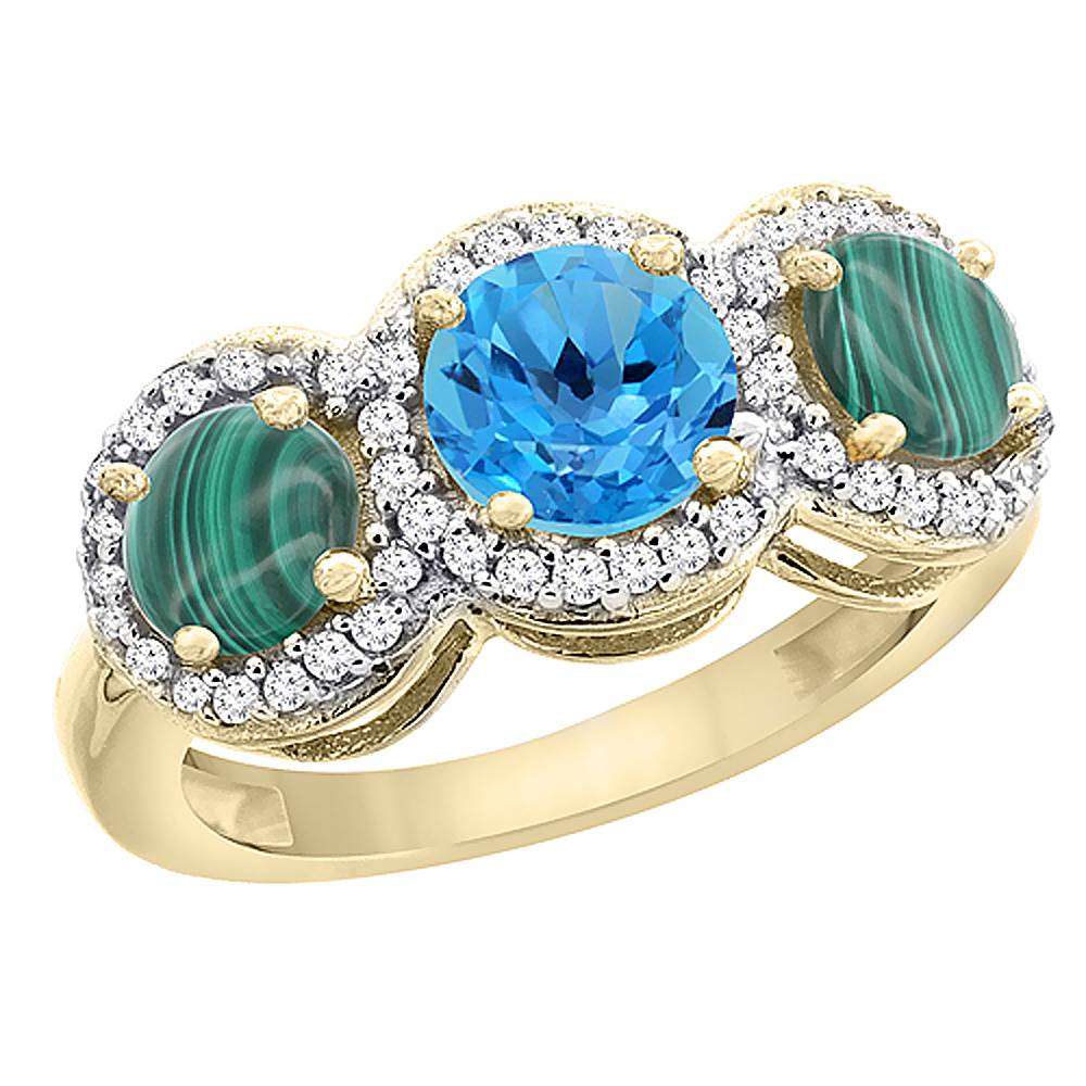 14K Yellow Gold Natural Swiss Blue Topaz &amp; Malachite Sides Round 3-stone Ring Diamond Accents, sizes 5 - 10