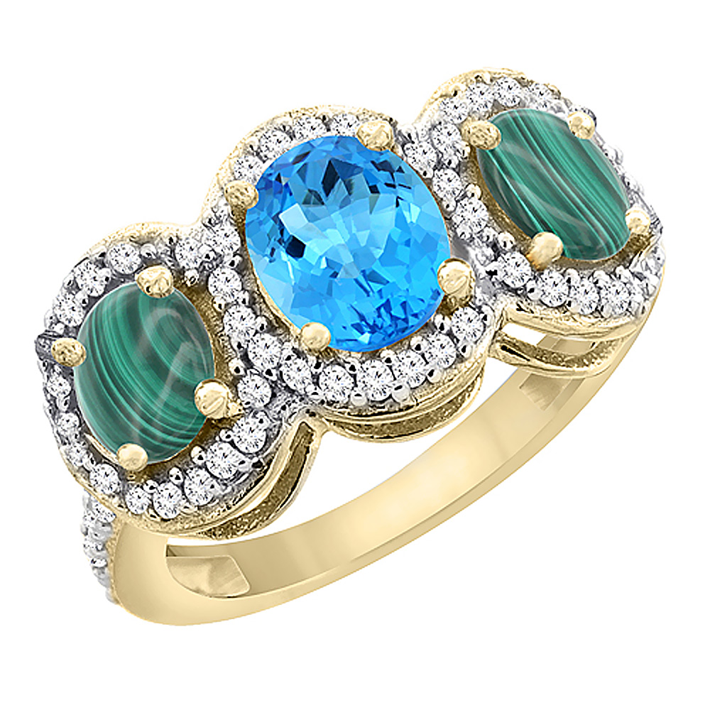 14K Yellow Gold Natural Swiss Blue Topaz & Malachite 3-Stone Ring Oval Diamond Accent, sizes 5 - 10