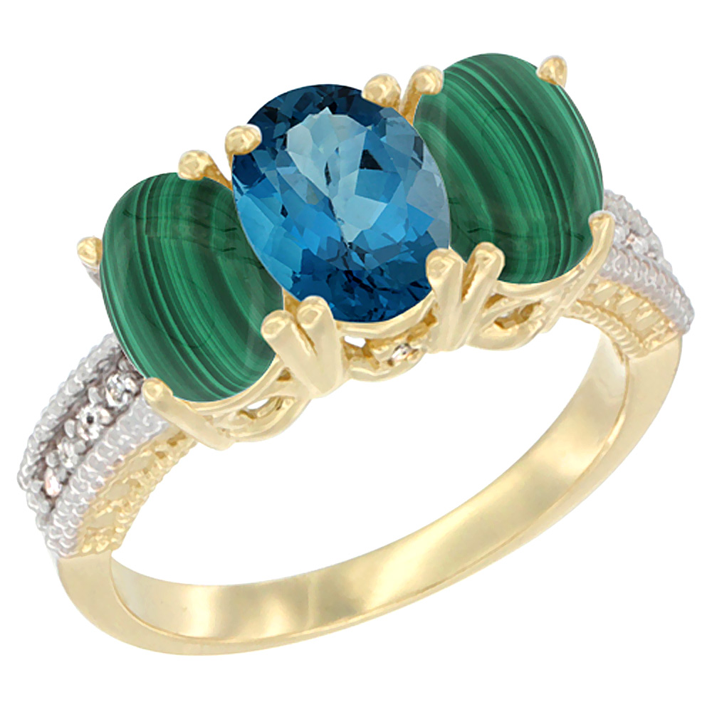 10K Yellow Gold Diamond Natural London Blue Topaz & Malachite Ring 3-Stone 7x5 mm Oval, sizes 5 - 10