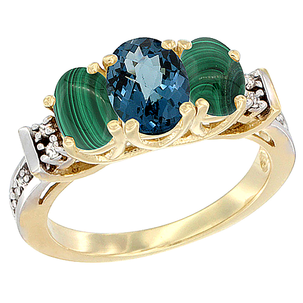 10K Yellow Gold Natural London Blue Topaz & Malachite Ring 3-Stone Oval Diamond Accent