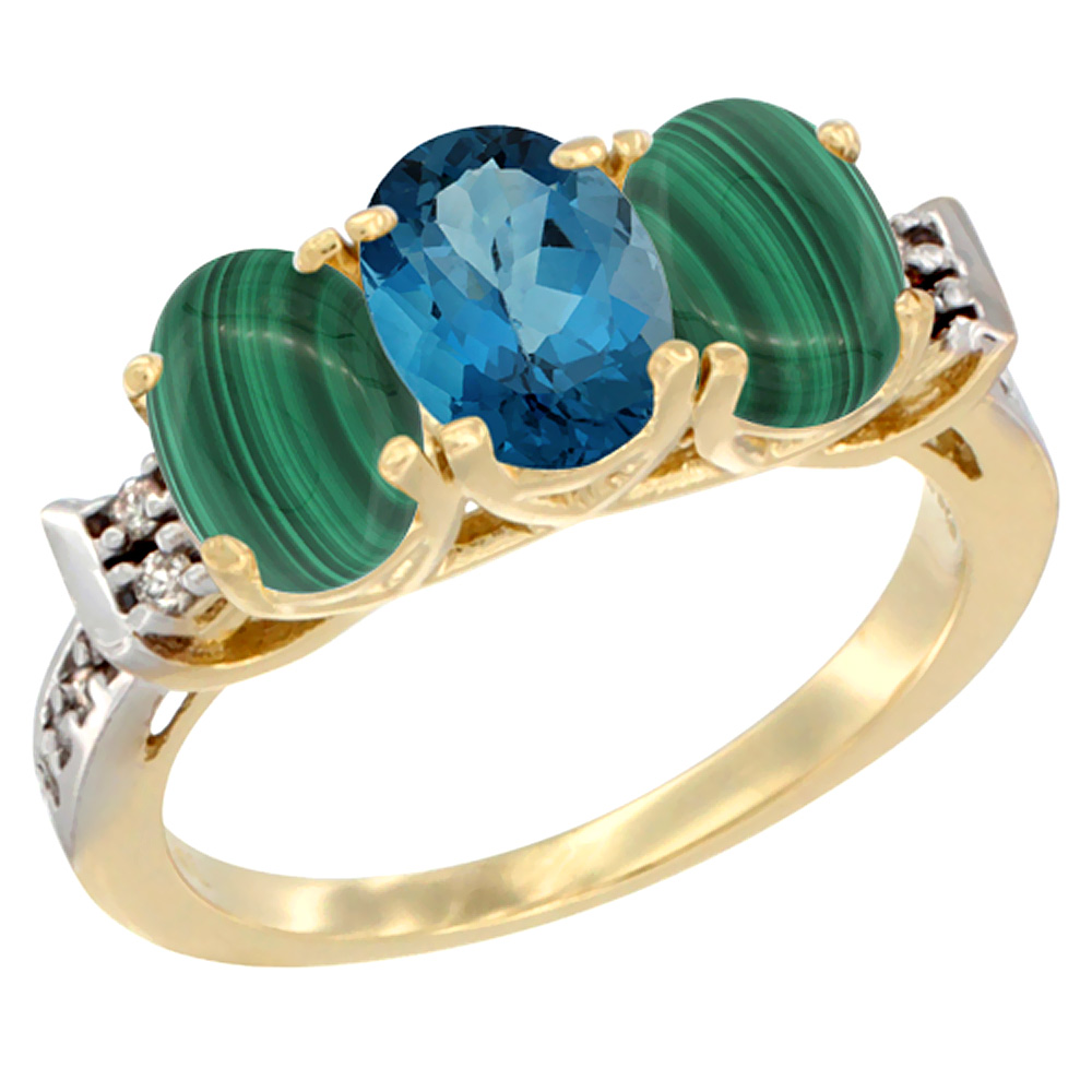 10K Yellow Gold Natural London Blue Topaz &amp; Malachite Sides Ring 3-Stone Oval 7x5 mm Diamond Accent, sizes 5 - 10