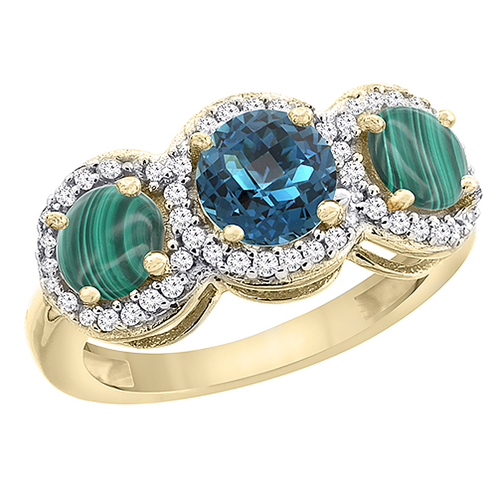 10K Yellow Gold Natural London Blue Topaz & Malachite Sides Round 3-stone Ring Diamond Accents, sizes 5 - 10