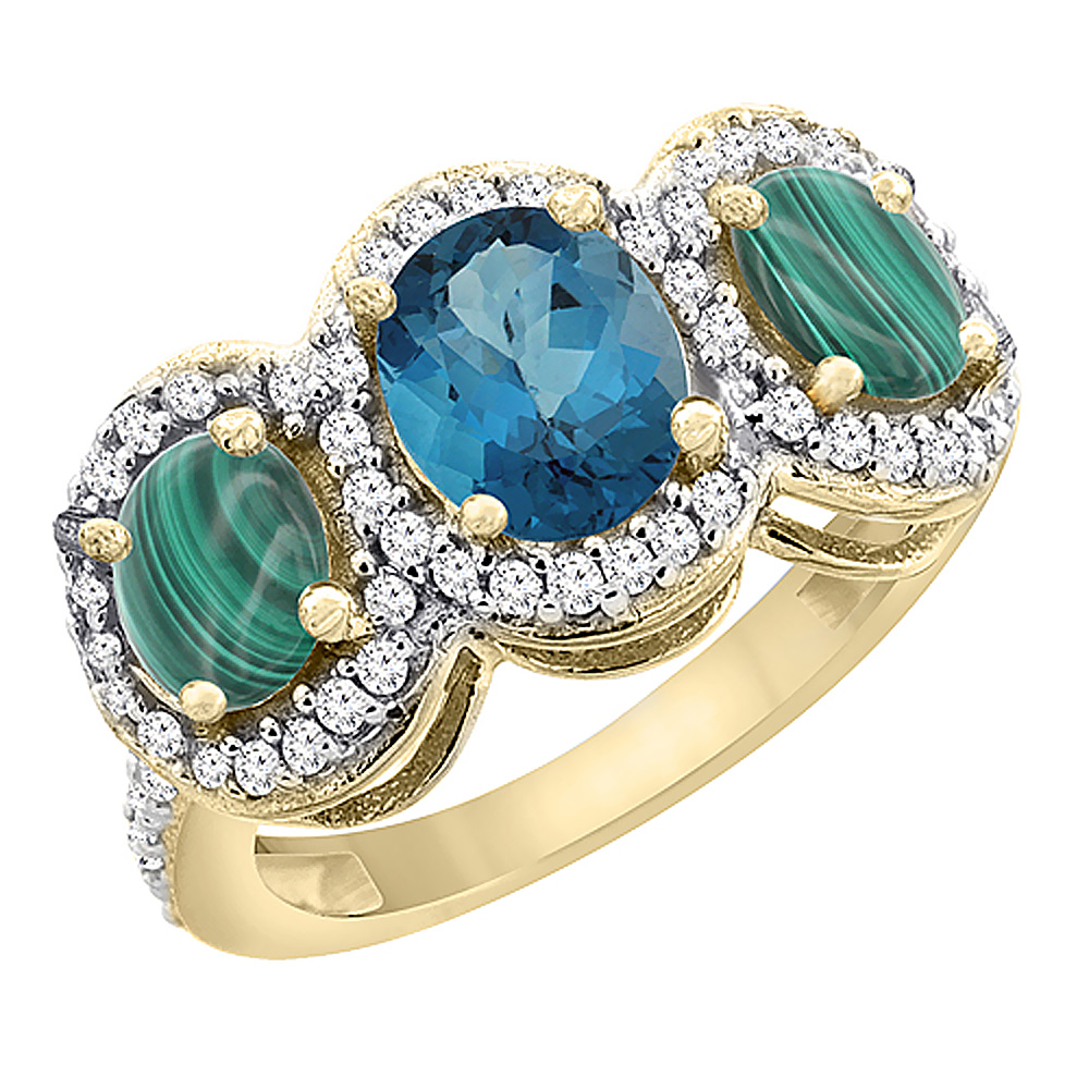 10K Yellow Gold Natural London Blue Topaz &amp; Malachite 3-Stone Ring Oval Diamond Accent, sizes 5 - 10