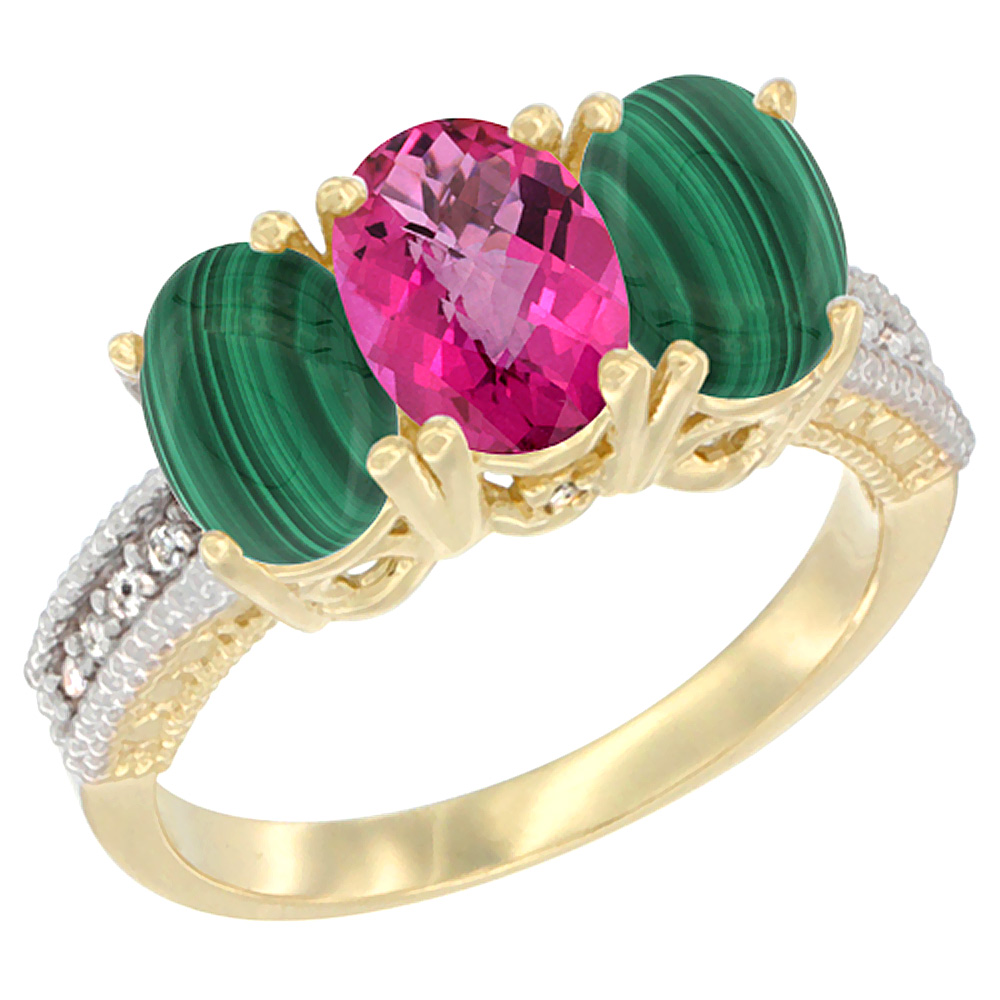 10K Yellow Gold Diamond Natural Pink Topaz & Malachite Ring 3-Stone 7x5 mm Oval, sizes 5 - 10