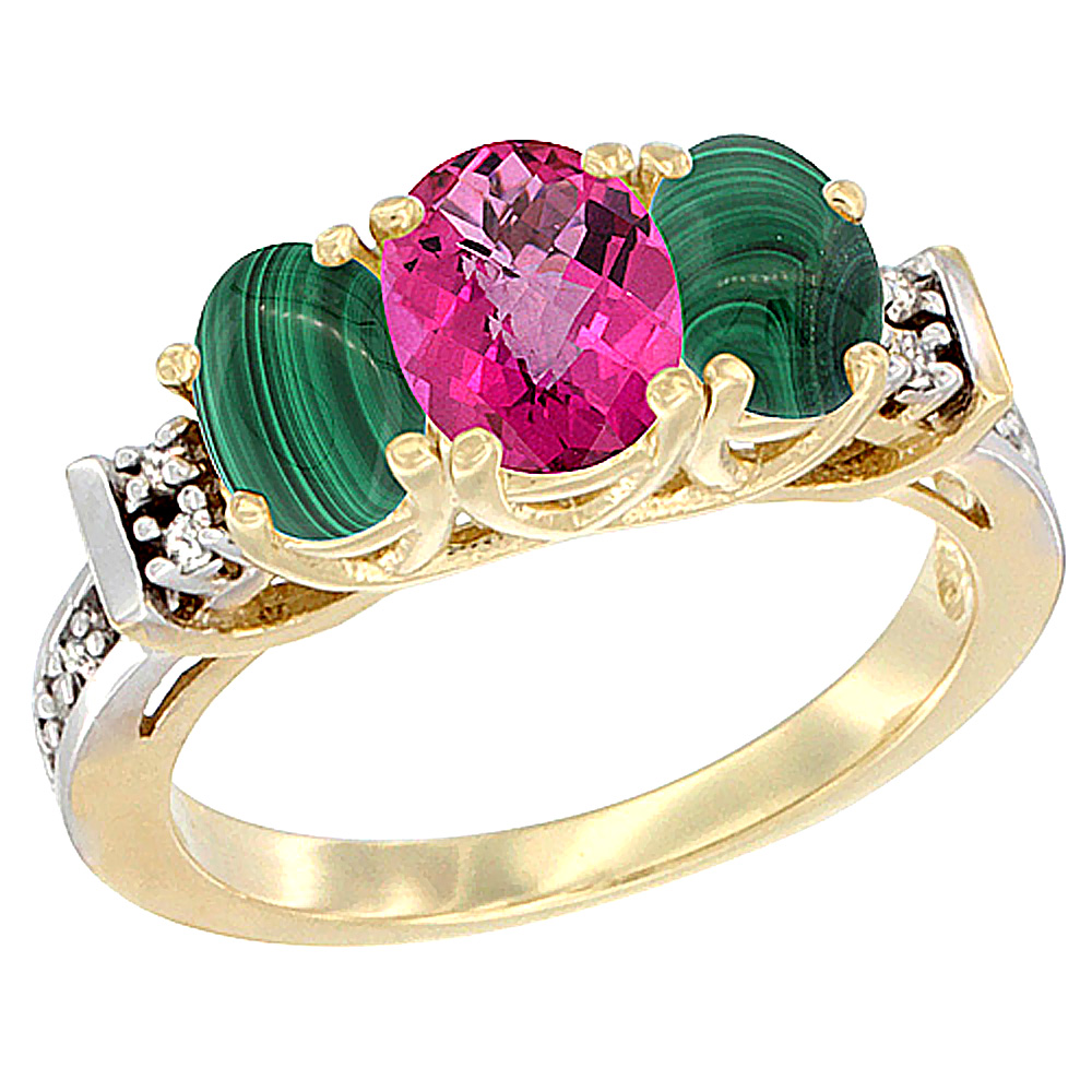 14K Yellow Gold Natural Pink Topaz & Malachite Ring 3-Stone Oval Diamond Accent