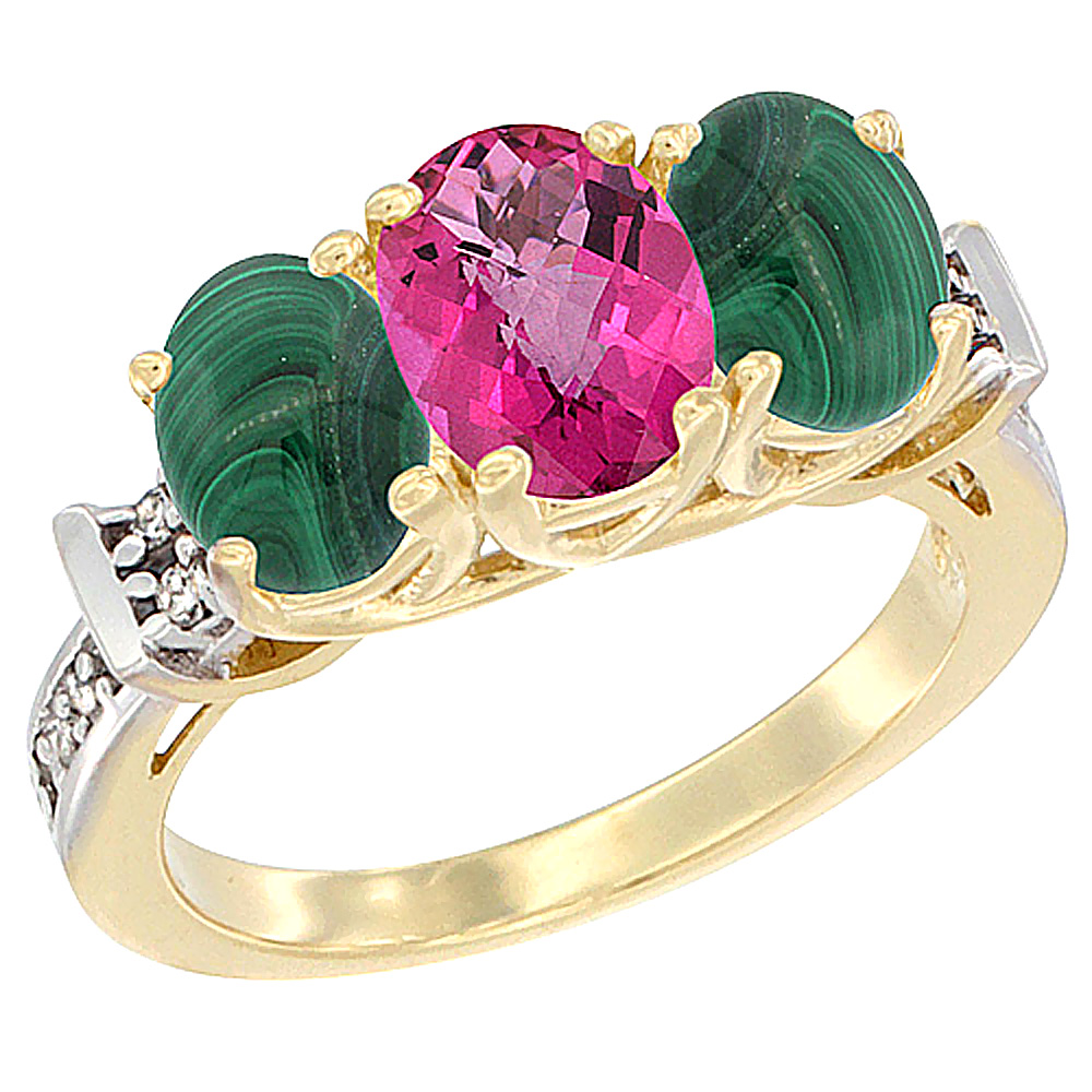 14K Yellow Gold Natural Pink Topaz & Malachite Sides Ring 3-Stone Oval Diamond Accent, sizes 5 - 10