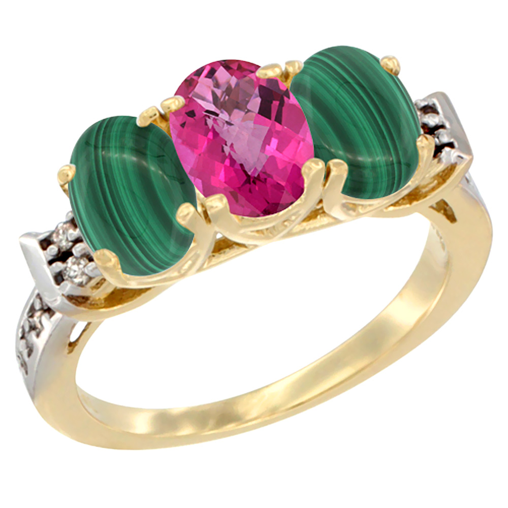 14K Yellow Gold Natural Pink Topaz & Malachite Ring 3-Stone 7x5 mm Oval Diamond Accent, sizes 5 - 10