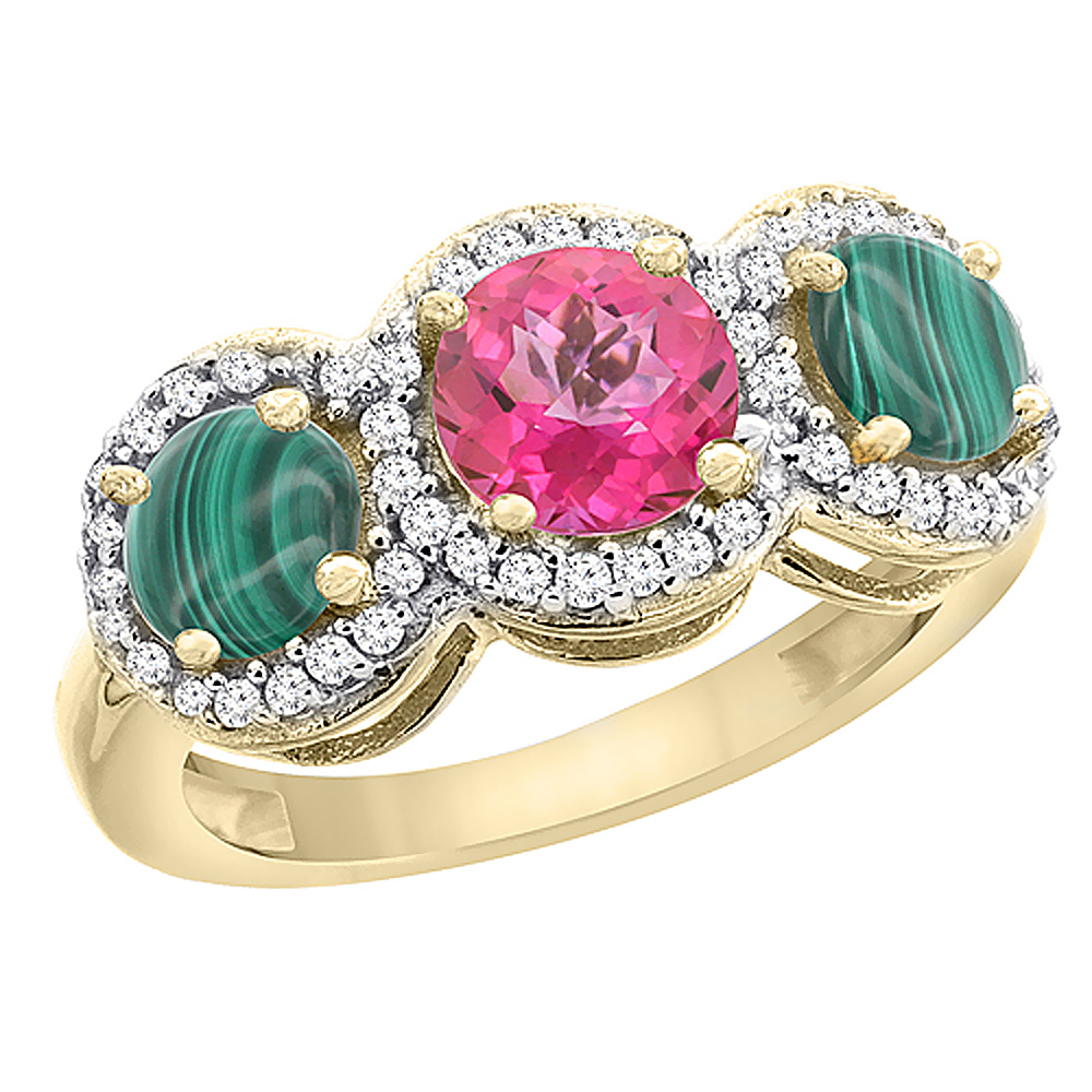 10K Yellow Gold Natural Pink Topaz & Malachite Sides Round 3-stone Ring Diamond Accents, sizes 5 - 10