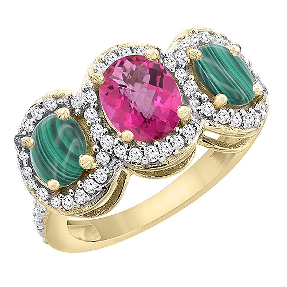 14K Yellow Gold Natural Pink Topaz & Malachite 3-Stone Ring Oval Diamond Accent, sizes 5 - 10