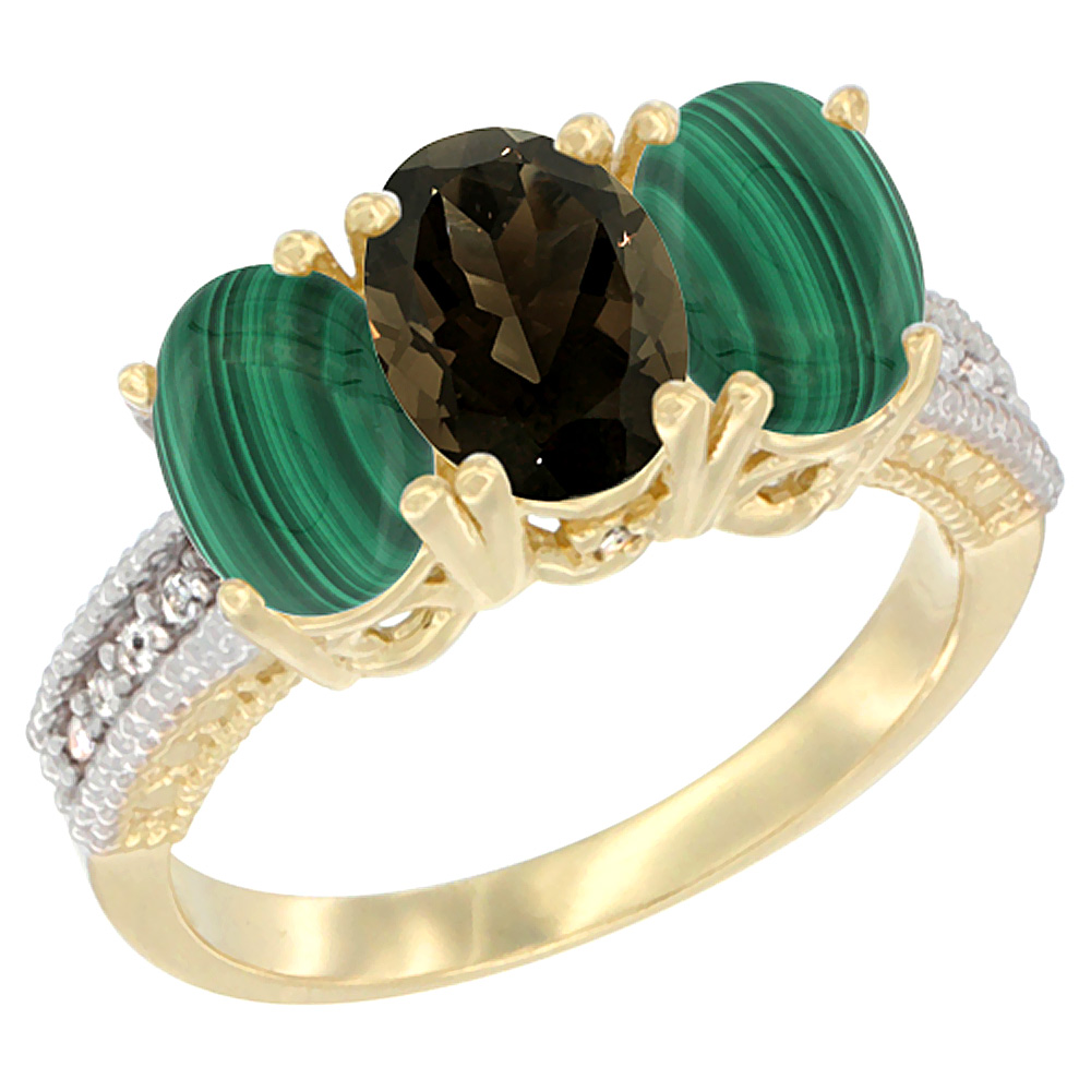 10K Yellow Gold Diamond Natural Smoky Topaz &amp; Malachite Ring 3-Stone 7x5 mm Oval, sizes 5 - 10