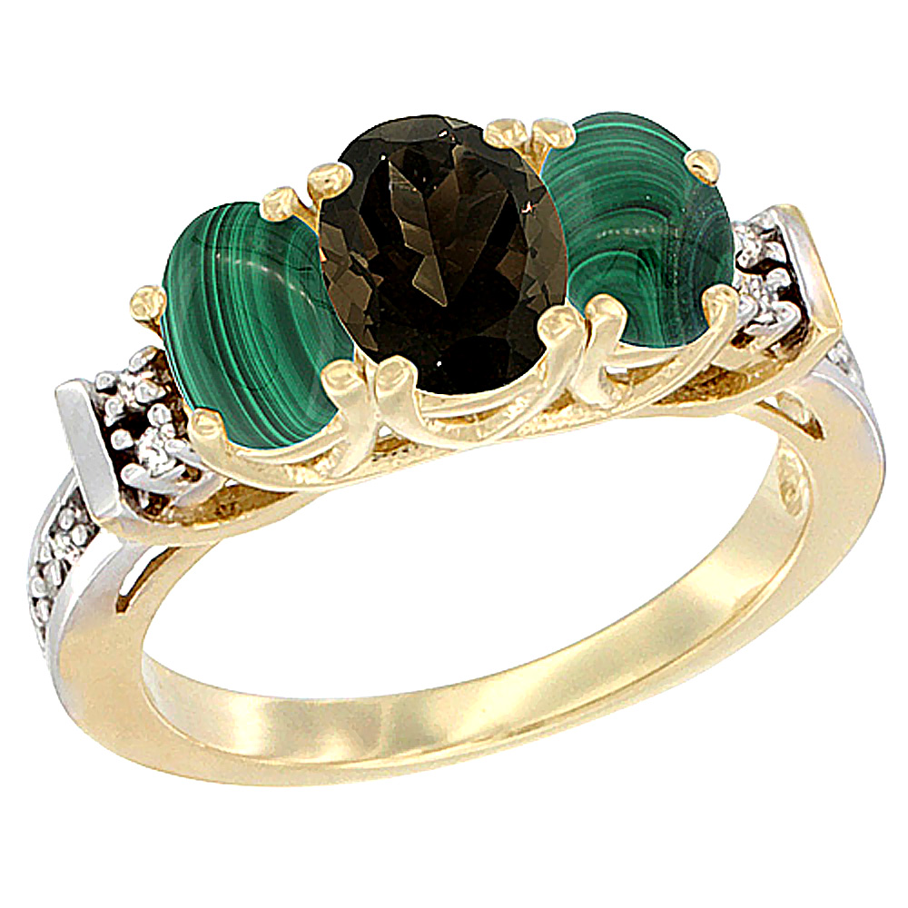 14K Yellow Gold Natural Smoky Topaz & Malachite Ring 3-Stone Oval Diamond Accent