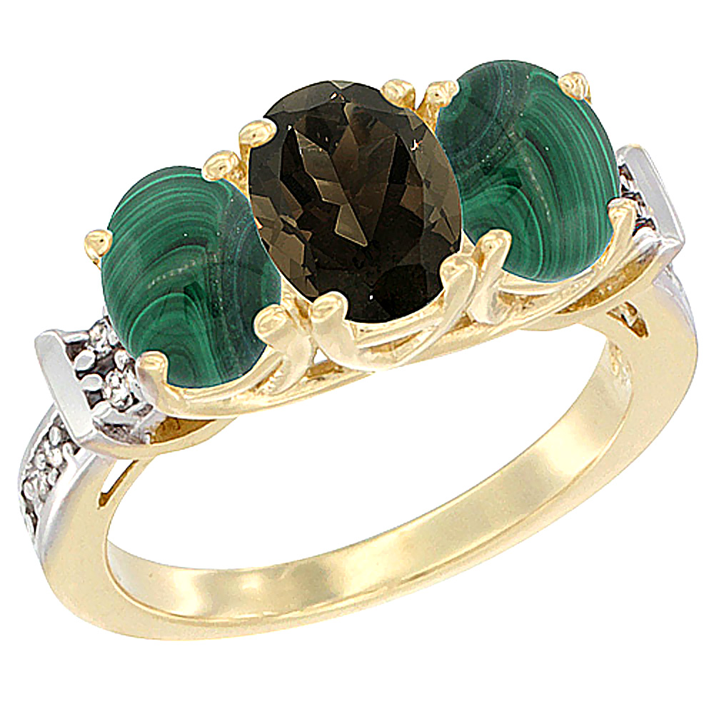 10K Yellow Gold Natural Smoky Topaz &amp; Malachite Sides Ring 3-Stone Oval Diamond Accent, sizes 5 - 10