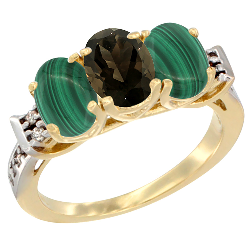 10K Yellow Gold Natural Smoky Topaz & Malachite Sides Ring 3-Stone Oval 7x5 mm Diamond Accent, sizes 5 - 10