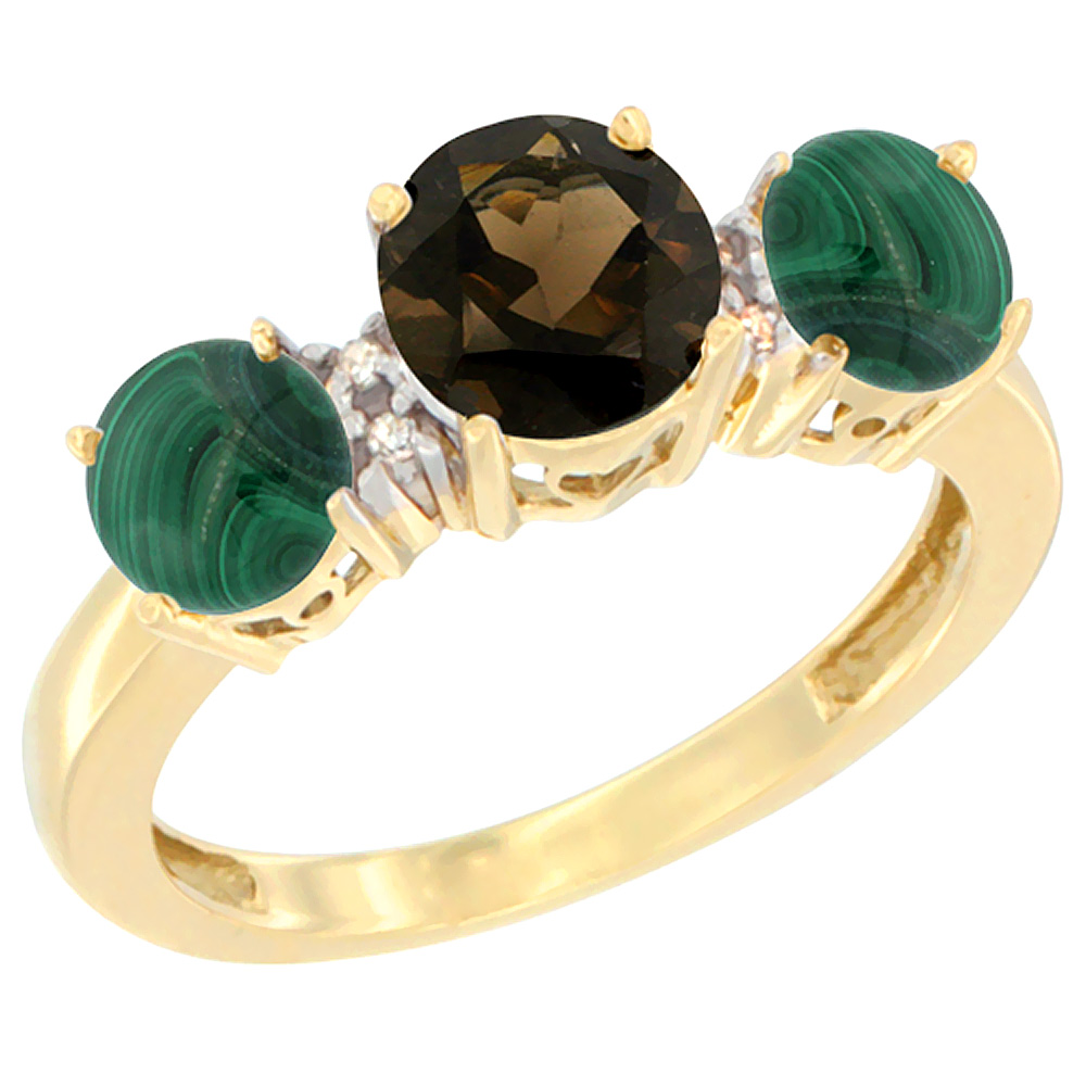 10K Yellow Gold Round 3-Stone Natural Smoky Topaz Ring &amp; Malachite Sides Diamond Accent, sizes 5 - 10