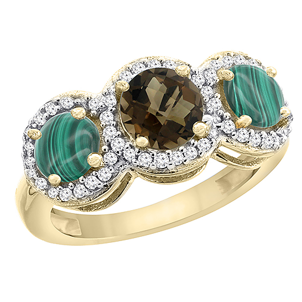 10K Yellow Gold Natural Smoky Topaz & Malachite Sides Round 3-stone Ring Diamond Accents, sizes 5 - 10