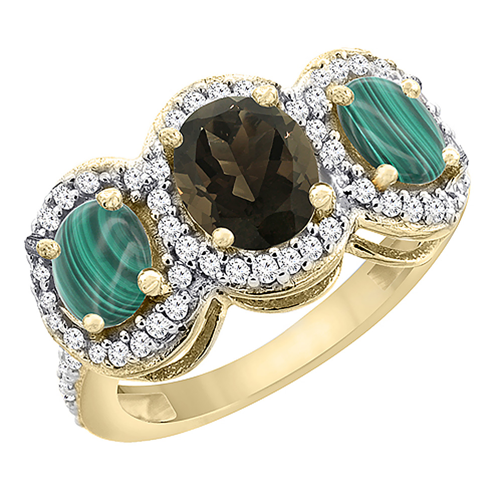 14K Yellow Gold Natural Smoky Topaz & Malachite 3-Stone Ring Oval Diamond Accent, sizes 5 - 10