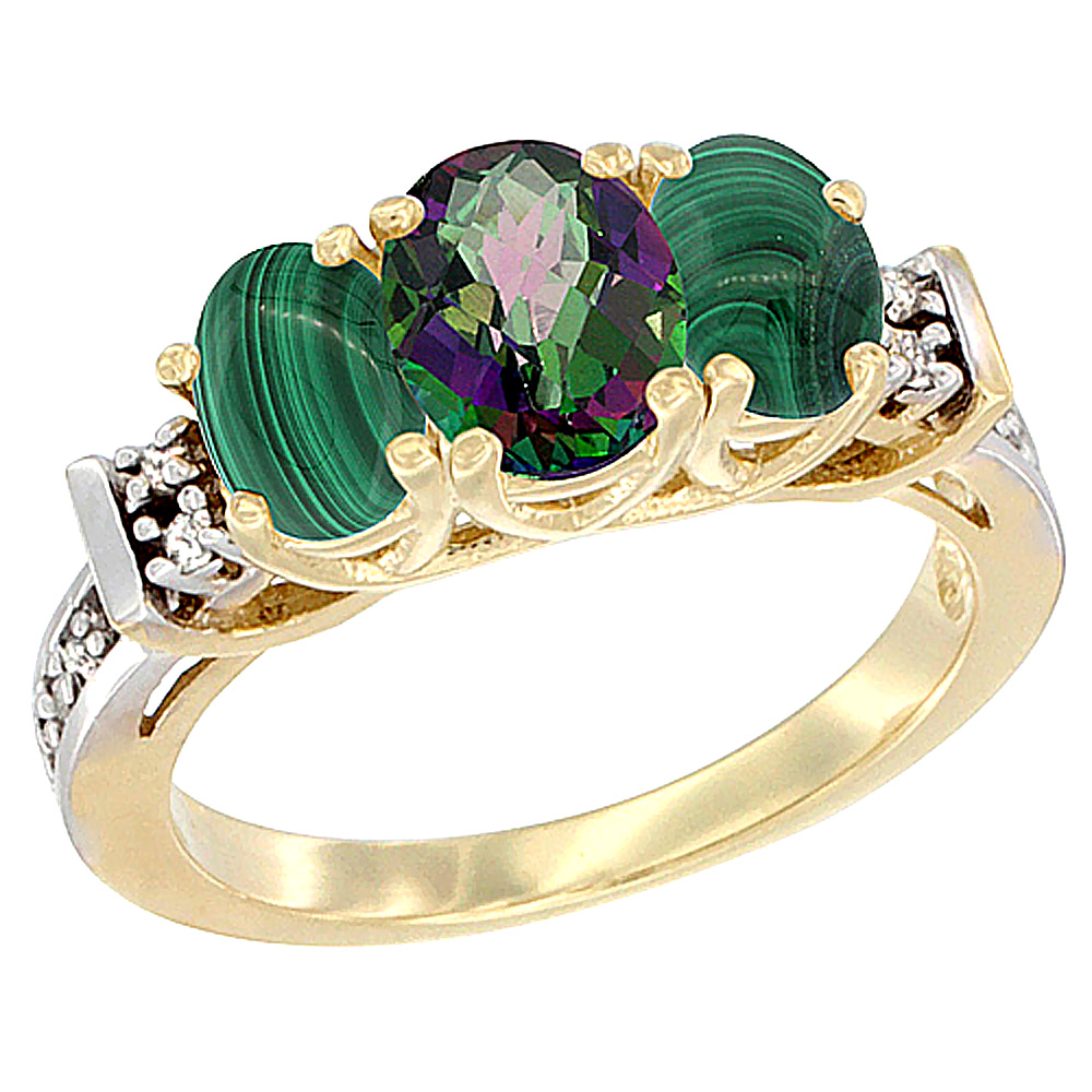 14K Yellow Gold Natural Mystic Topaz &amp; Malachite Ring 3-Stone Oval Diamond Accent