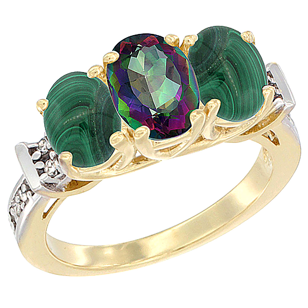 14K Yellow Gold Natural Mystic Topaz &amp; Malachite Sides Ring 3-Stone Oval Diamond Accent, sizes 5 - 10