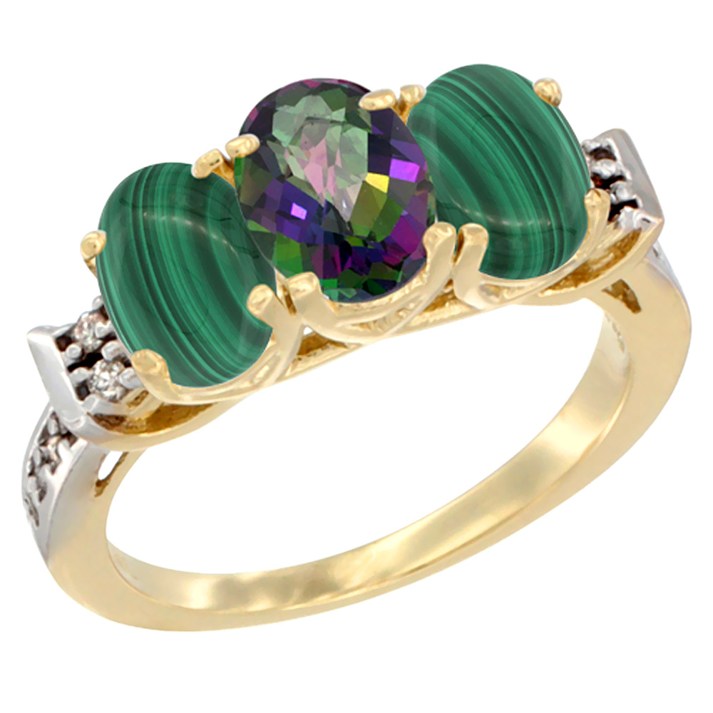 14K Yellow Gold Natural Mystic Topaz &amp; Malachite Ring 3-Stone 7x5 mm Oval Diamond Accent, sizes 5 - 10