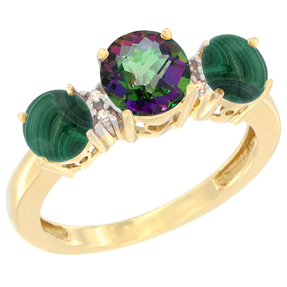 14K Yellow Gold Round 3-Stone Natural Mystic Topaz Ring & Malachite Sides Diamond Accent, sizes 5 - 10