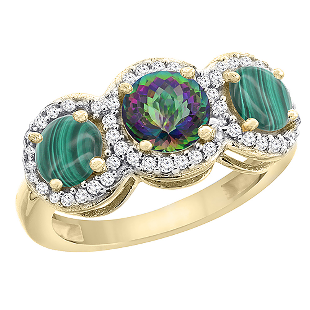 14K Yellow Gold Natural Mystic Topaz &amp; Malachite Sides Round 3-stone Ring Diamond Accents, sizes 5 - 10