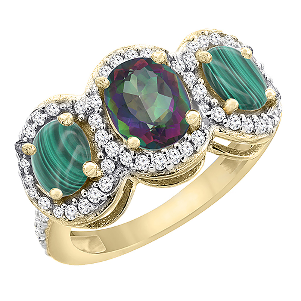 10K Yellow Gold Natural Mystic Topaz & Malachite 3-Stone Ring Oval Diamond Accent, sizes 5 - 10