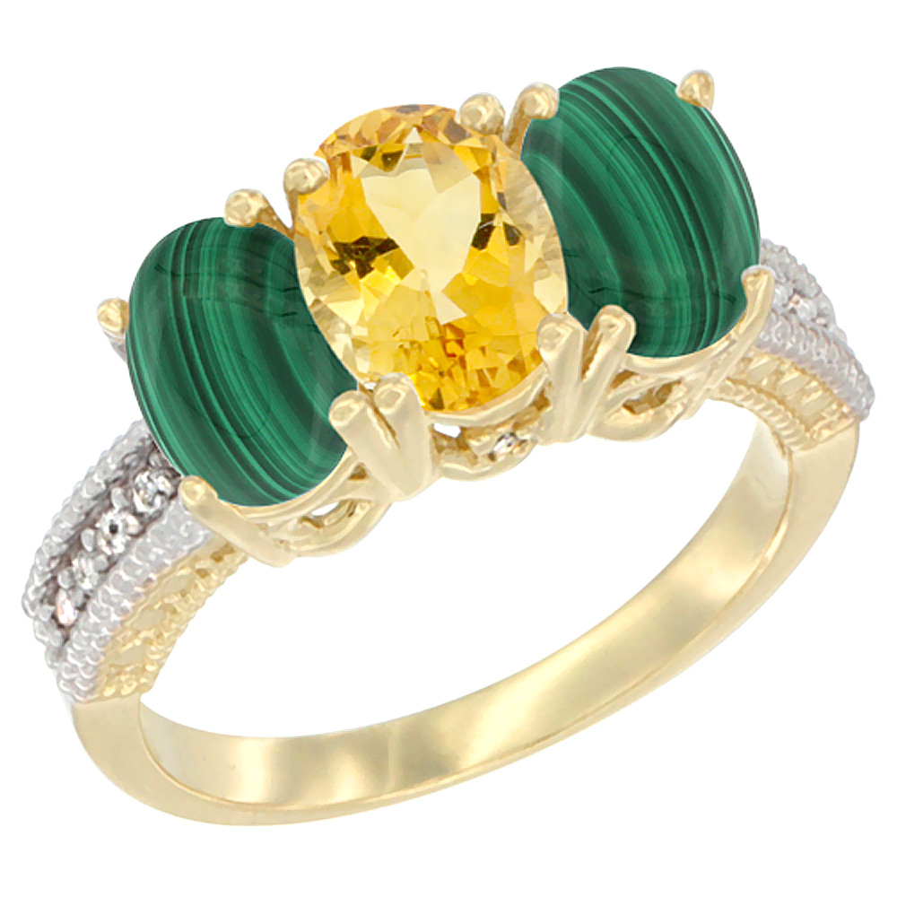 10K Yellow Gold Diamond Natural Citrine & Malachite Ring 3-Stone 7x5 mm Oval, sizes 5 - 10