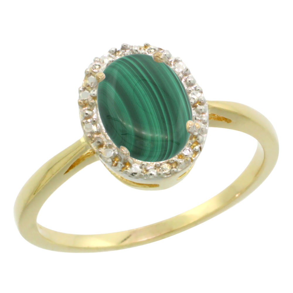 14K Yellow Gold Natural Malachite Diamond Halo Ring Oval 8X6mm, sizes 5 10