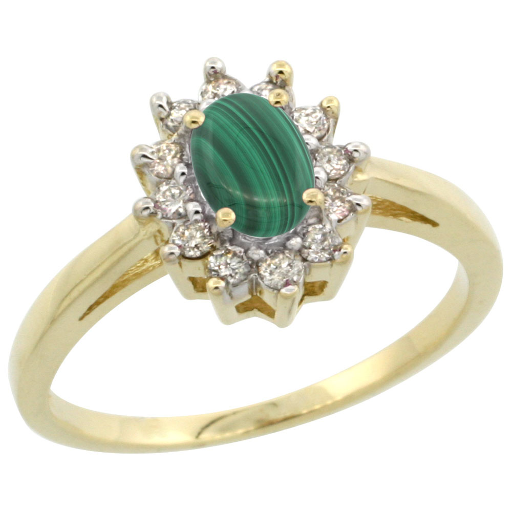 10K Yellow Gold Natural Malachite Flower Diamond Halo Ring Oval 6x4 mm, sizes 5 10