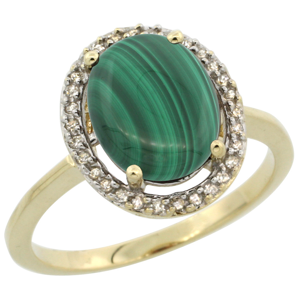 10K Yellow Gold Diamond Halo Natural Malachite Engagement Ring Oval 10x8 mm, sizes 5 10