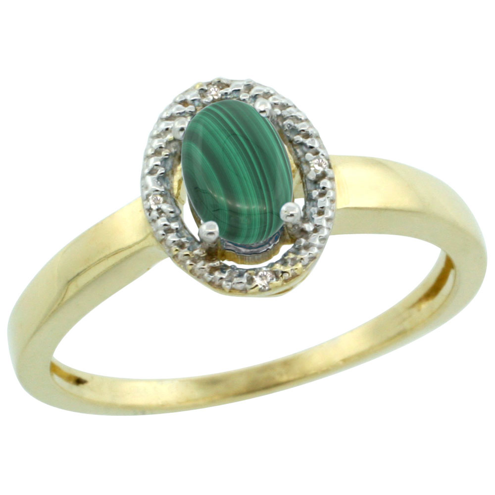 14K Yellow Gold Diamond Halo Natural Malachite Engagement Ring Oval 6X4 mm, sizes 5-10