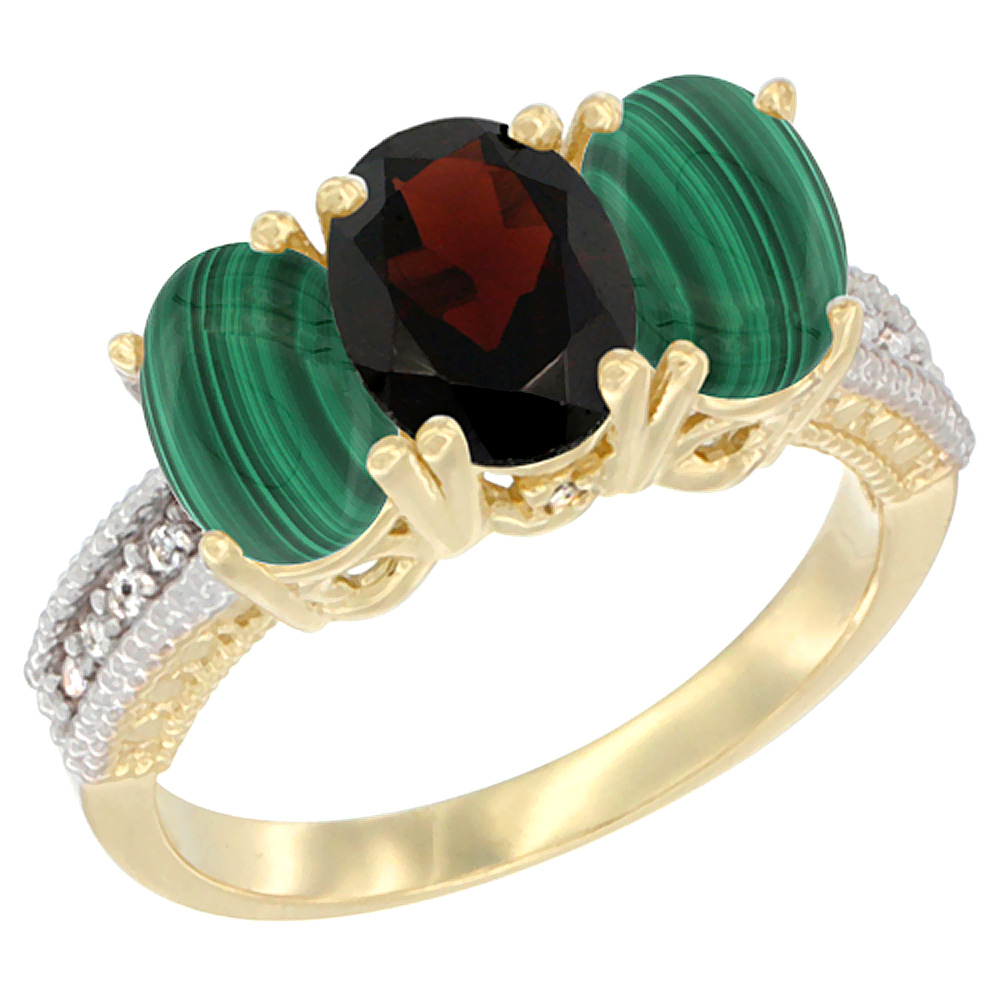 10K Yellow Gold Diamond Natural Garnet & Malachite Ring 3-Stone 7x5 mm Oval, sizes 5 - 10