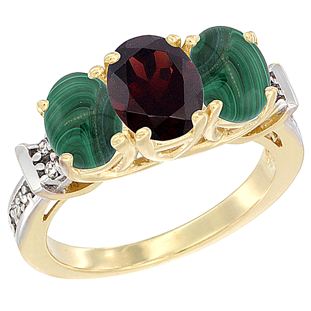 10K Yellow Gold Natural Garnet & Malachite Sides Ring 3-Stone Oval Diamond Accent, sizes 5 - 10