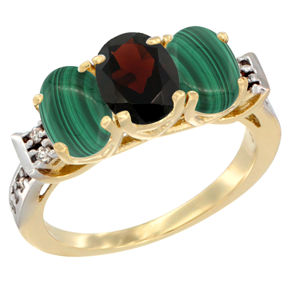 10K Yellow Gold Natural Garnet & Malachite Sides Ring 3-Stone Oval 7x5 mm Diamond Accent, sizes 5 - 10