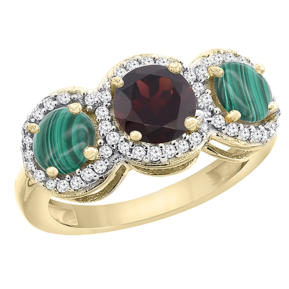 10K Yellow Gold Natural Garnet & Malachite Sides Round 3-stone Ring Diamond Accents, sizes 5 - 10