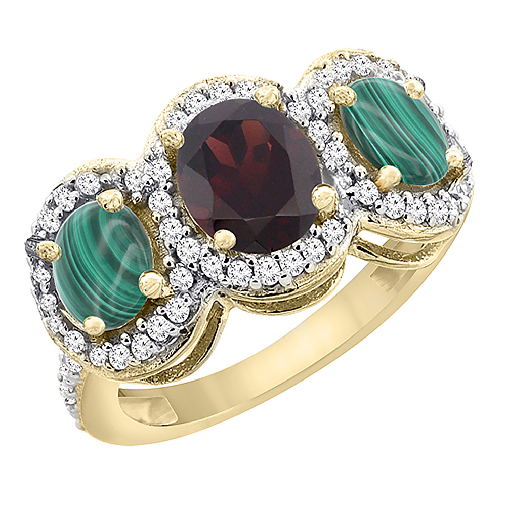 14K Yellow Gold Natural Garnet &amp; Malachite 3-Stone Ring Oval Diamond Accent, sizes 5 - 10