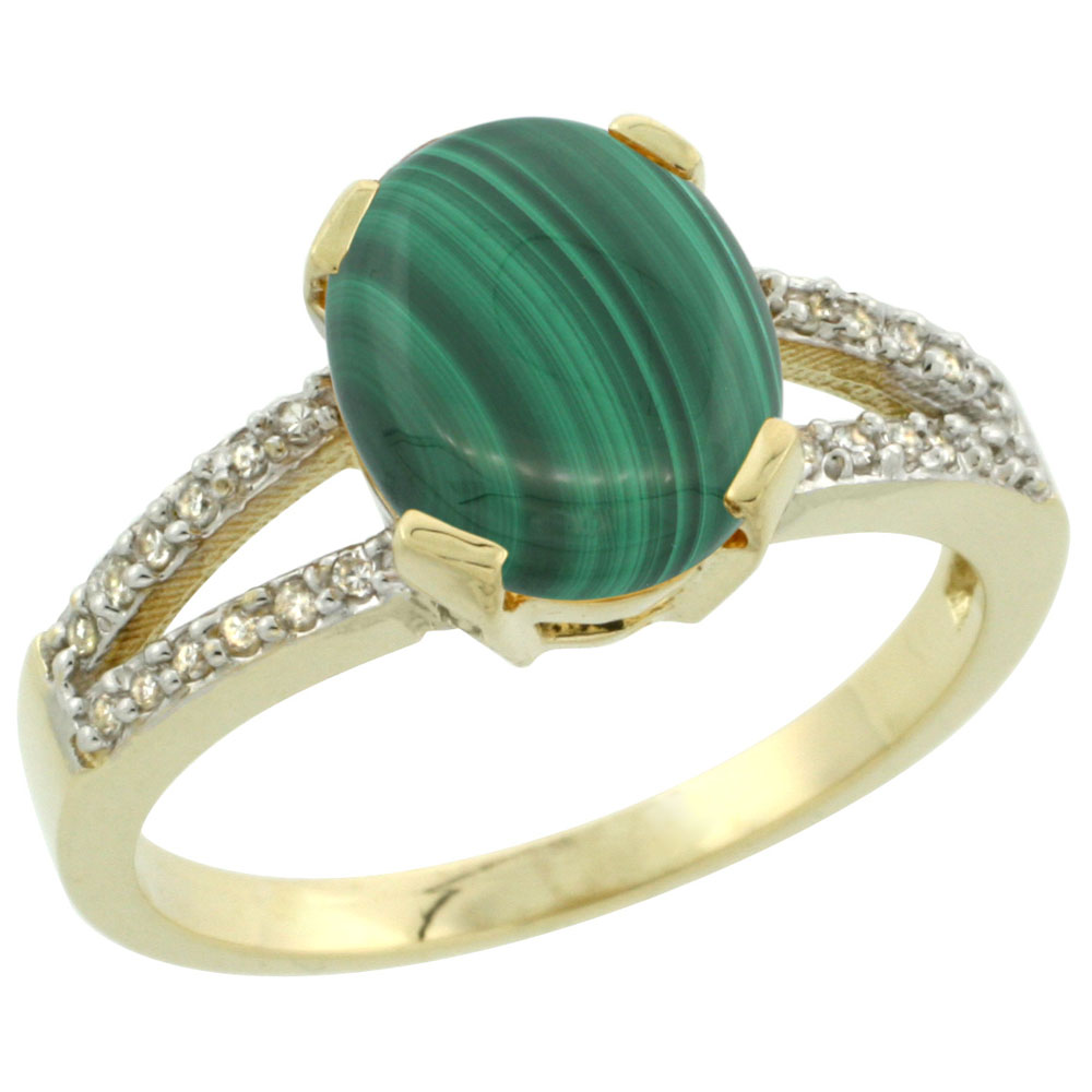 10K Yellow Gold Diamond Natural Malachite Engagement Ring Oval 10x8mm, sizes 5-10