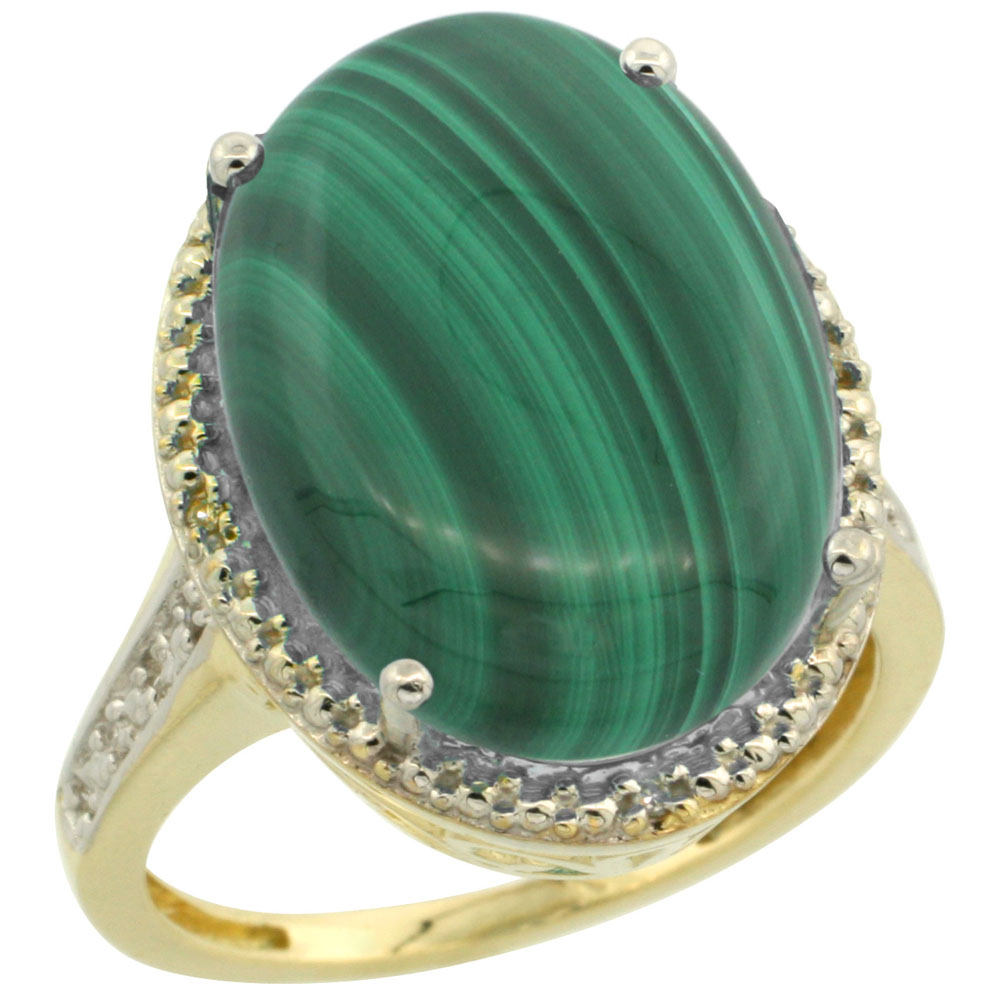 14K Yellow Gold Diamond Natural Malachite Ring Oval 18x13mm, sizes 5-10