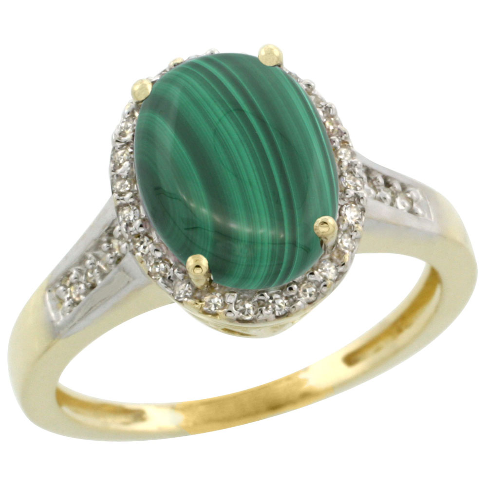 10K Yellow Gold Diamond Natural Malachite Engagement Ring Oval 10x8mm, sizes 5-10