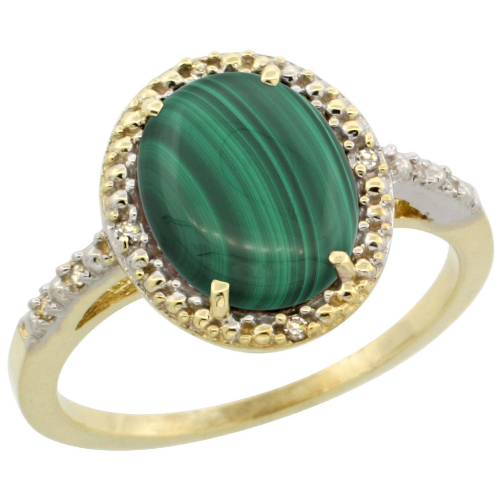 10K Yellow Gold Diamond Natural Malachite Engagement Ring Oval 10x8mm, sizes 5-10