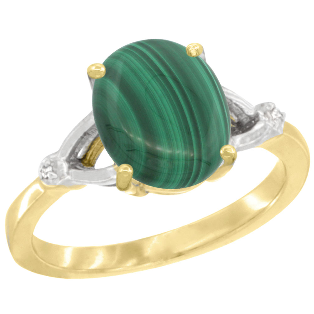 10K Yellow Gold Diamond Natural Malachite Engagement Ring Oval 10x8mm, sizes 5-10