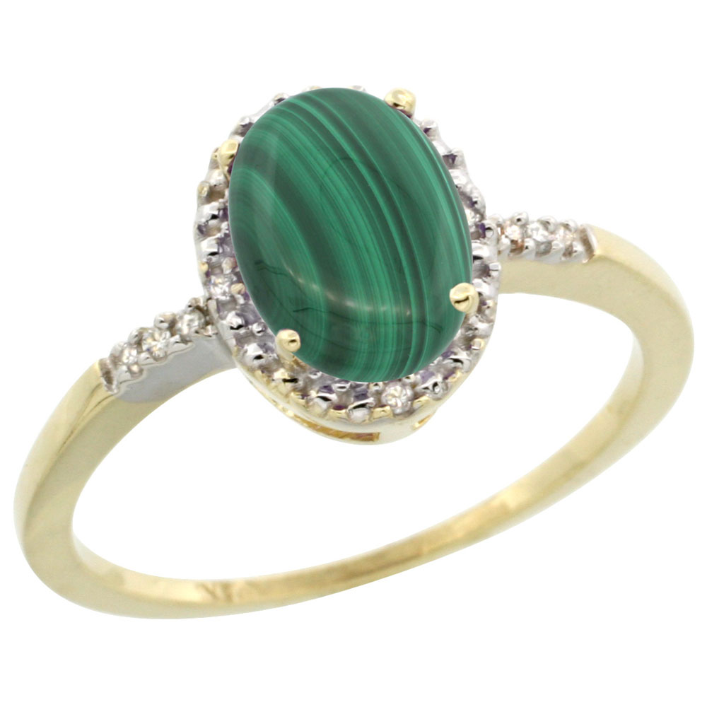 10K Yellow Gold Diamond Natural Malachite Ring Oval 8x6mm, sizes 5-10