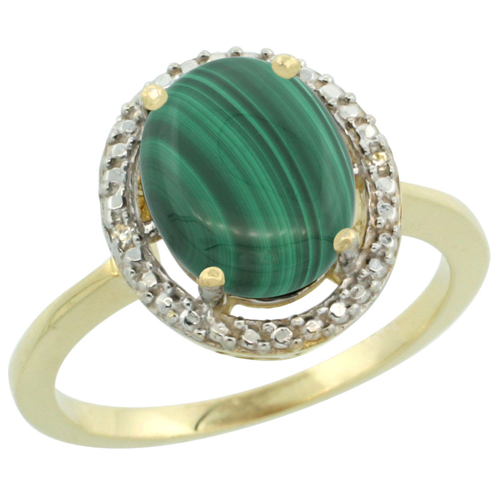 10K Yellow Gold Diamond Natural Malachite Engagement Ring Oval 10x8mm, sizes 5-10