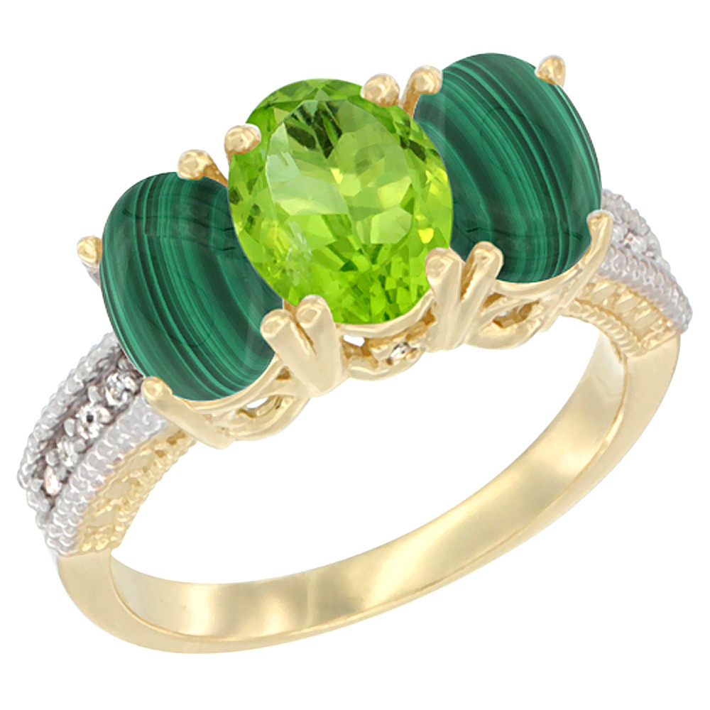 14K Yellow Gold Natural Peridot Ring with Malachite 3-Stone 7x5 mm Oval Diamond Accent, sizes 5 - 10