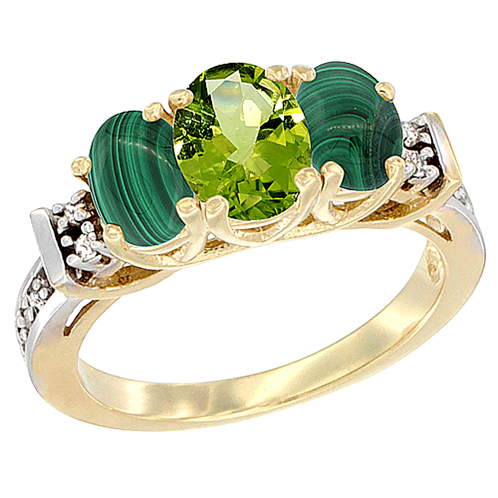 10K Yellow Gold Natural Peridot & Malachite Ring 3-Stone Oval Diamond Accent